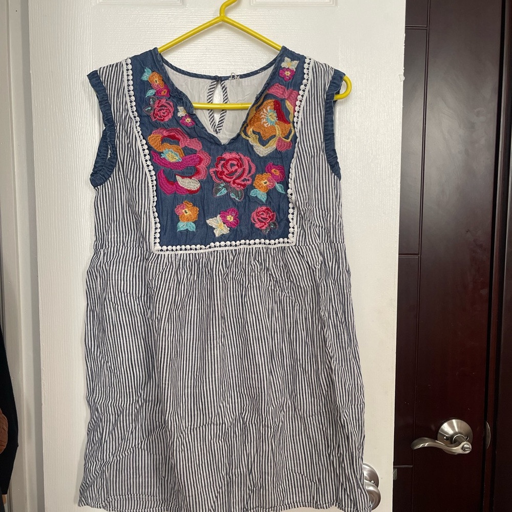 Floral Embroidered Kids Dress - Blue and Pink